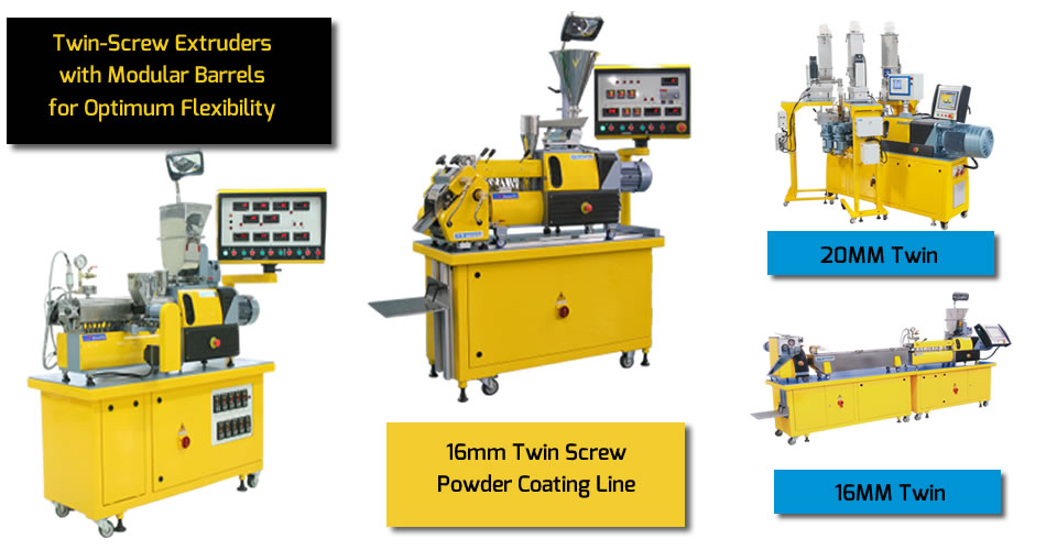 Twin screw extruders ranging in size from16 to 20 mm with modular barresl